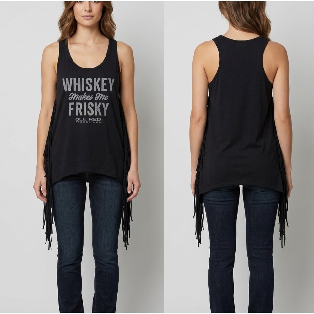 Ole Red Fringe Tank Top Womens S Black Whiskey Makes Me Frisky Graphic Racerback